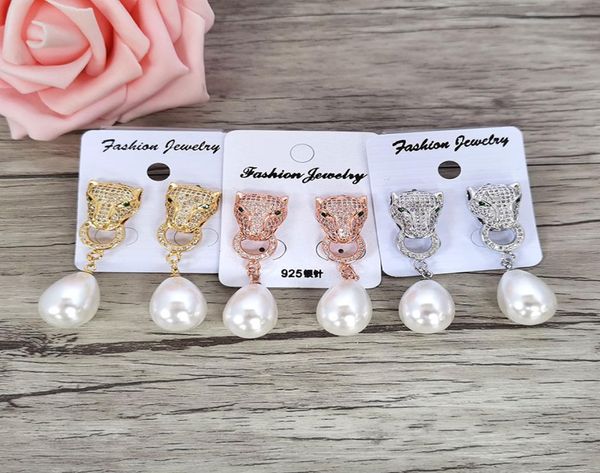

micro pave crystal cz 3color leopard head charm shell beads dangle earrings for women jewelry fashion gift er11137885884, Golden;silver