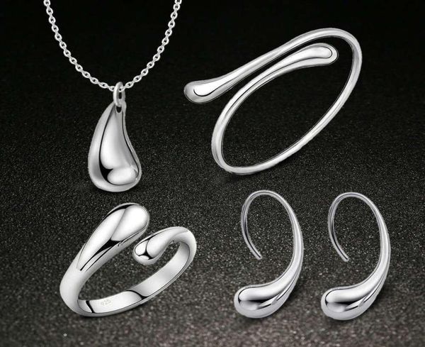 

925 sterling silver plated water drop necklace earrings bangles rings fashion jewelry set wedding gift 9111113, Black