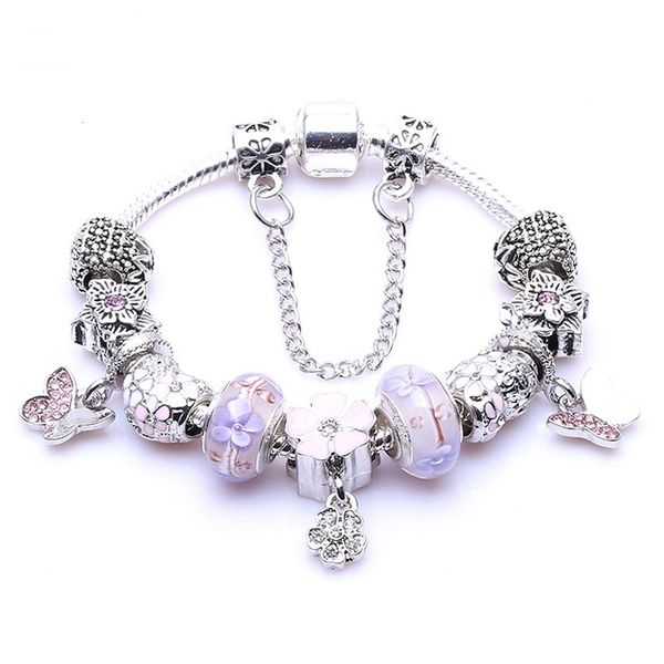 

fashion 925 sterling silver pink murano lampwork glass & european charm beads five petals flower butterfly dangle fits pandora charm bracele, Golden;silver