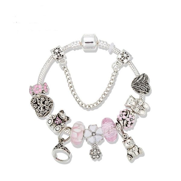 

fashion 925 sterling silver pansy tricolor pink murano lampwork glass & european charm beads bear queen crown dangle fits pandora charm brac, Golden;silver