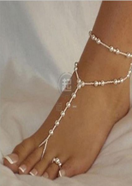 

beach wedding bridal bridesmaid foot jewelry barefoot sandals stretch anklet chain with toe ring ps26246719255, Silver
