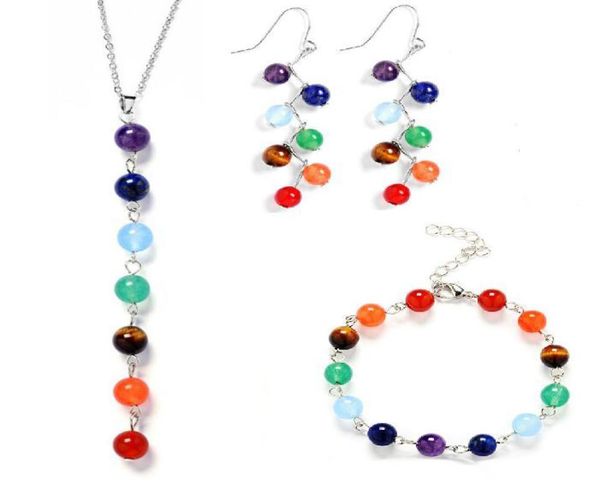 

7 colour natural stone beads jewelry sets 7 reiki chakra healing balance beads bracelet earrings and necklace sets men women yoga 5558704, Black