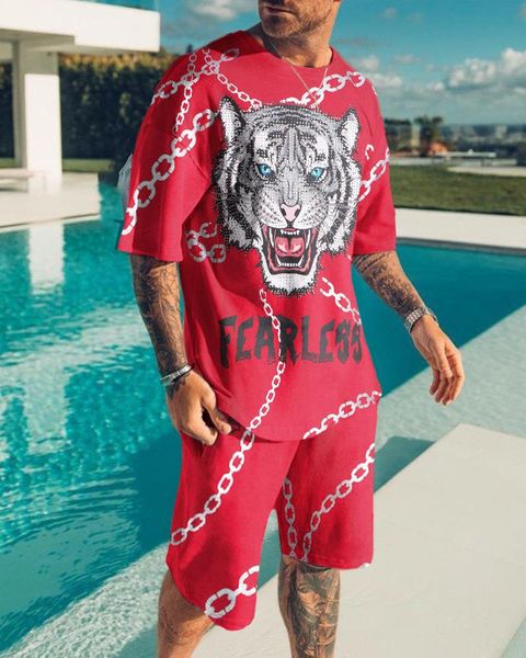 

men's tracksuits summer oneck short sleevesshorts blue eyes white tiger 3d printed pattern fashion leisure loose tshirt set sports suit, Gray