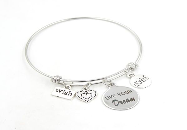 

new arrival fashion stainless steel wire bangle inspiration bracelet wish faith live your dream charms braceletbangle gift pulser6105452, Golden;silver