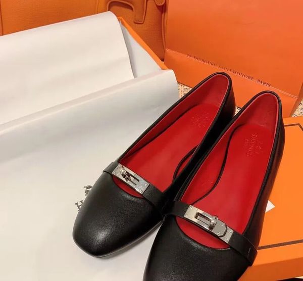 

luxury designers women casual dress shoes sliver buckle kelly flat single loafers leather oxfords slip on soft shoe 35-41, Black