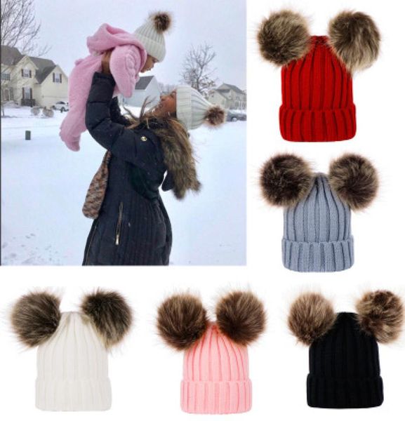 

knitting warm hats winter beanie hats mom and baby family matching outfits newborn baby double fur ball pop crochet hats9381756, Yellow