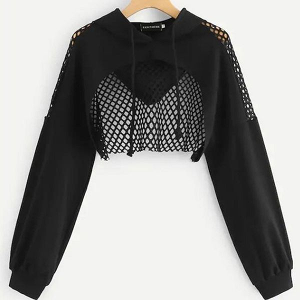 

women's hoodies sweatshirt's sweatshirt ultra short mesh splice pullover sweatshirts gothic women long sleeve lumbar street wear 2, Black