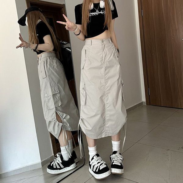 

skirts lucyever y2k drawstring parachute skirts women high street side split cargo long skirt female casual multiple pockets maxi skirt 2307, Black