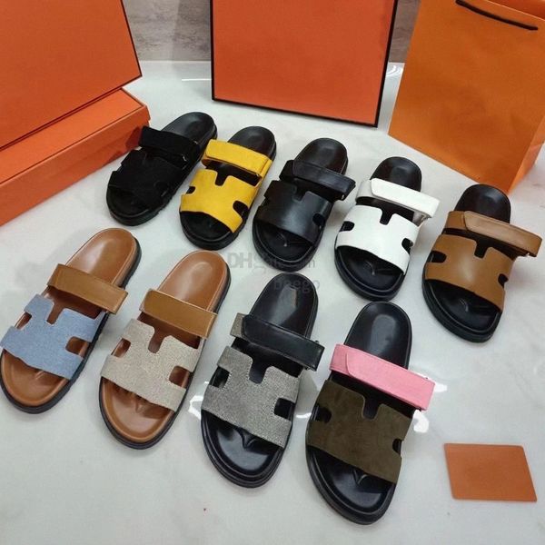 

designer chypre h slippers women leather sandals men ladies flip flops summer beach flat slippers v99c#, Black