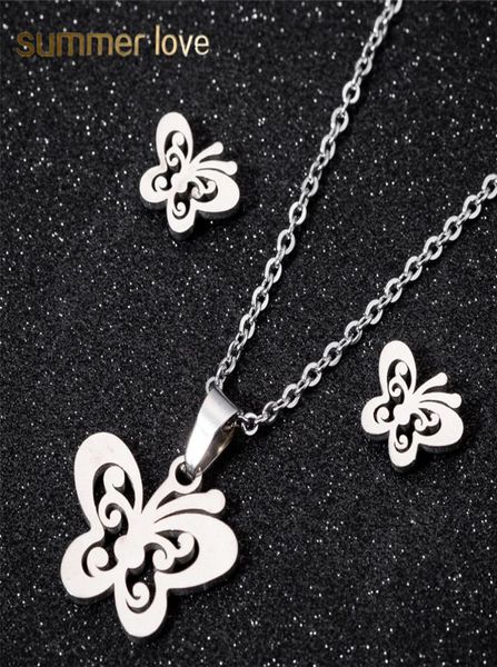 

stainless steel butterfly pendant necklace stud earring set for women girls link chain earring lovely silver gold jew3893014