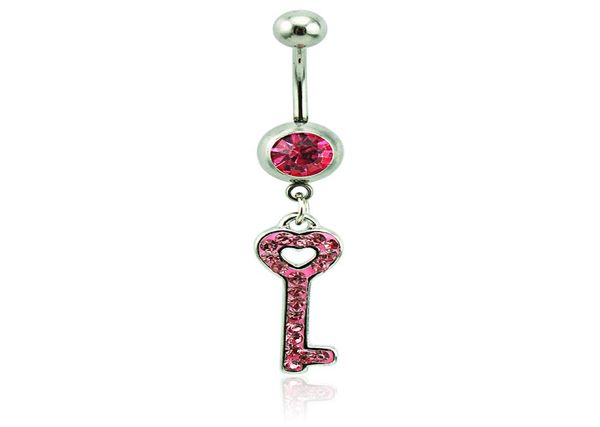 

body piercing fashion belly button rings 316l stainless steel barbells pink rhinestone keys navel piercing jewelry3196400, Silver