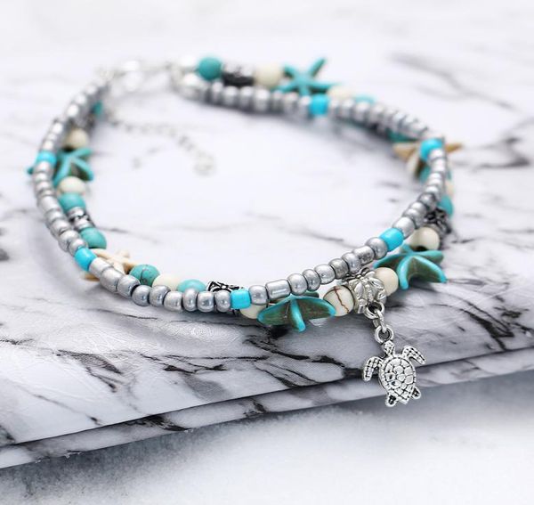 

bohemian starfish turtle anklets for women boho elephant owl wave charm beads stone chain ankle bracelet on leg beach jewelry4756144, Red;blue