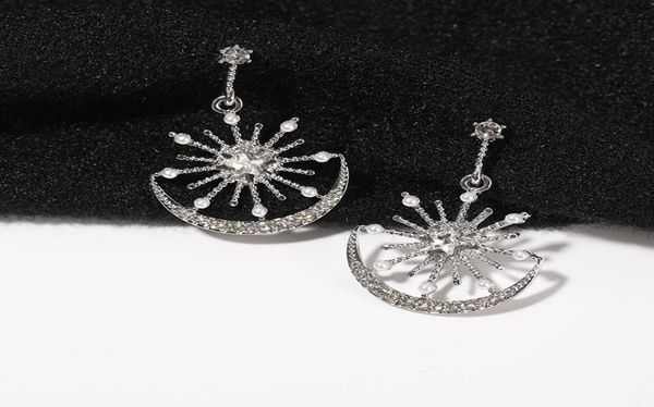 

s925 silver needle earrings crystal earrings light luxury advanced sense star moon girl stud earrings4468759, Golden;silver