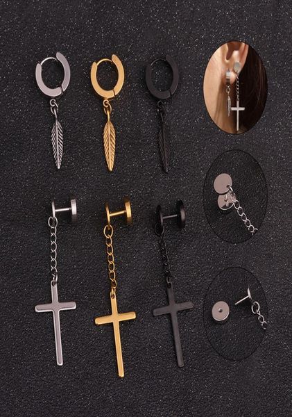 

sellsets stainless steel ear piercing jewelry cool punk rock chain cross feather drop dangle earrings for men and women4839946, Golden;silver
