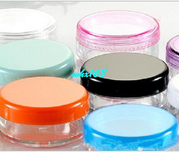 

50pcs/lot 3g ps cosmetic empty jar pot makeup face cream container bottle colorful pstic round jars multicolour lid sample jar2839468