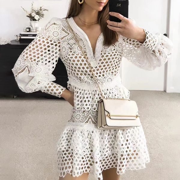 

urban dresses elegant v-neck lace ruffle jacquard dress women vintage hollow out embroidered white dress lady lantern sleeve solid mini dres, White;black