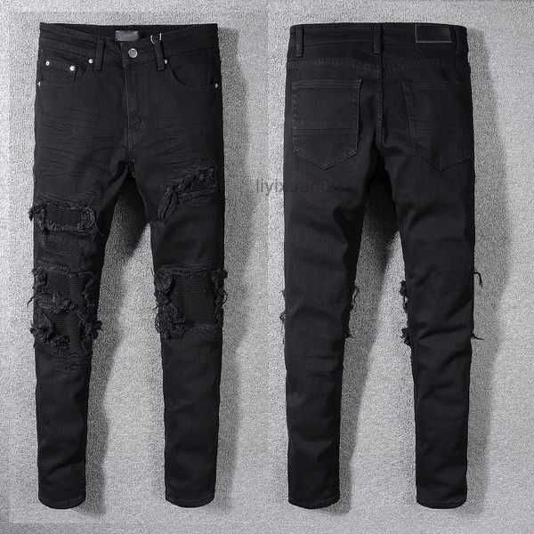 

ami mens jeans distressed france fashion straight mens biker hole stretch denim casual jean men skinny pants elasticity male ripped trousers, Blue