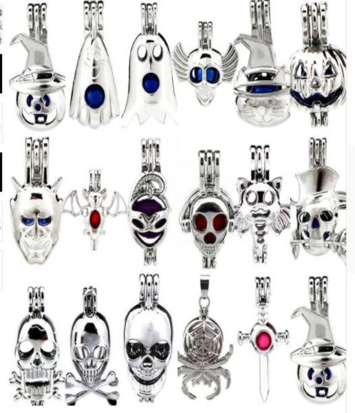 

mix 20 styles halloween themes pearl cages pendants skull ghost bat pumpkin spider silver plated cage locekts 5pcs8179648