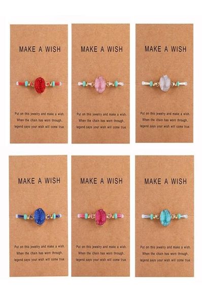 

design handmade druzy resin stone bracelet make a wish card wax rope braided bracelets bangles with rice bead for women girls summ4562928, Golden;silver