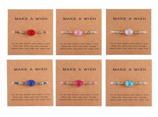 

design handmade druzy resin stone bracelet make a wish card wax rope braided bracelets bangles with rice bead for women girls summ1834468, Golden;silver