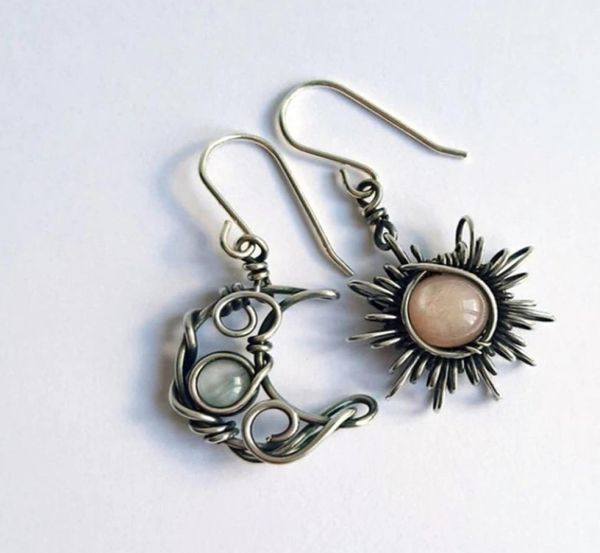 

bohemian wind retro sun moon earrings moonstone asymmetric dangle5760087, Silver