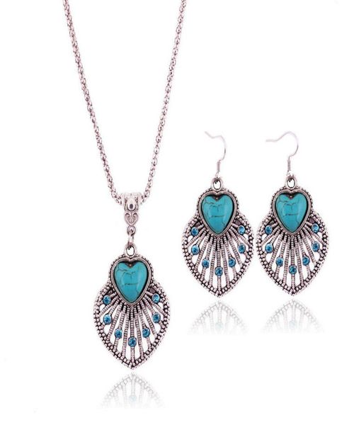 

retro bohemian hollow turquoise necklace earrings set cute leaf pendant jewelry sets for women jewelry accessories2437349, Silver