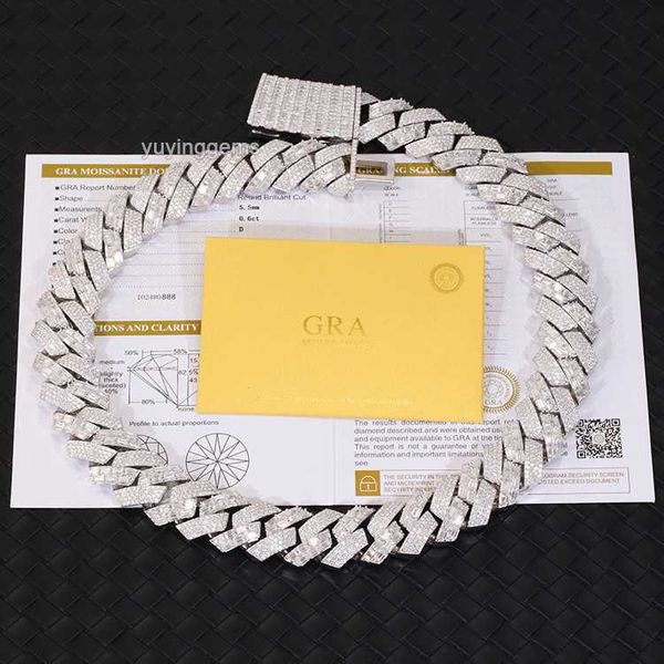 

yu ying 22mm wide baguette moissanite diamond 18k gold plated solid silver necklace cuban link chain