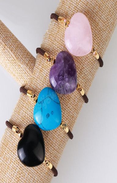 

natural stone crystal bracelet heart shape bracelet women rope string bracelets pink quartz obsidian amethysts jewelry2528757, Golden;silver