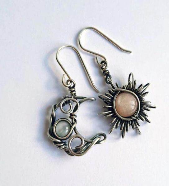 

bohemian wind retro sun moon earrings moonstone asymmetric dangle6794363, Silver