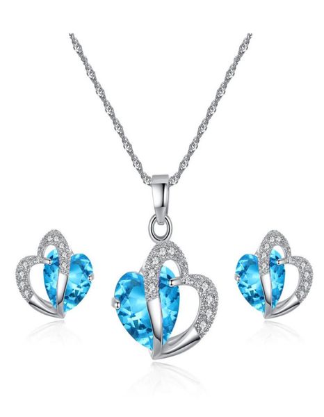 

luxury austrian crystal jewelry set cubic zirconia cz double heart shape pendant necklace stud earrings sets for women fashion jew9527015, Silver