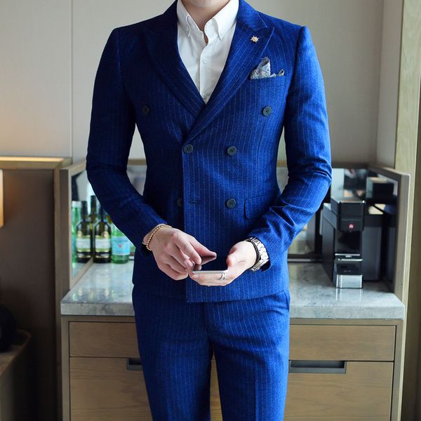 

men's suits blazers stripe suit pants british style fashion boutique slim fit party double breasted 2 pieces sets jacket coat trousers, White;black