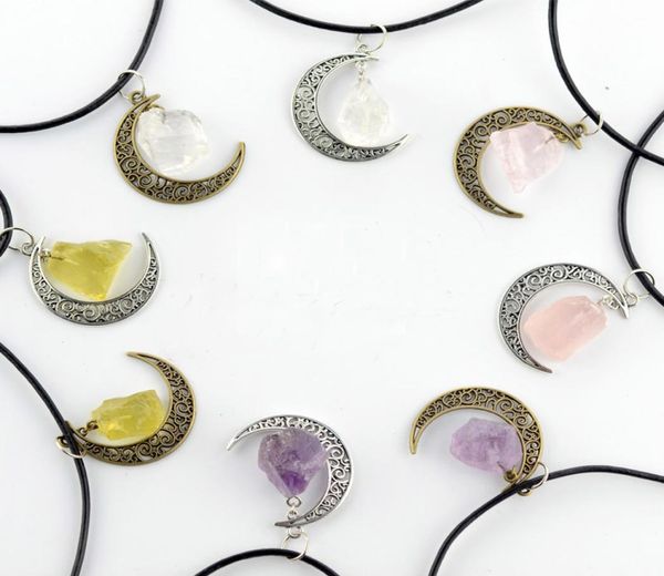 

handmade natural amethyst rose quartz crystal pendant necklace antique silver bronze galaxy moon pendants healing stone christmas 3185289
