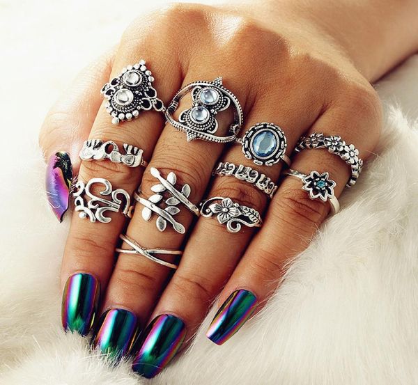 

11pcssets band nail ring sets bohemian carved leaf flowers pure blue gemstone elegant designer women jewelry accessories vintage 3656028, Silver