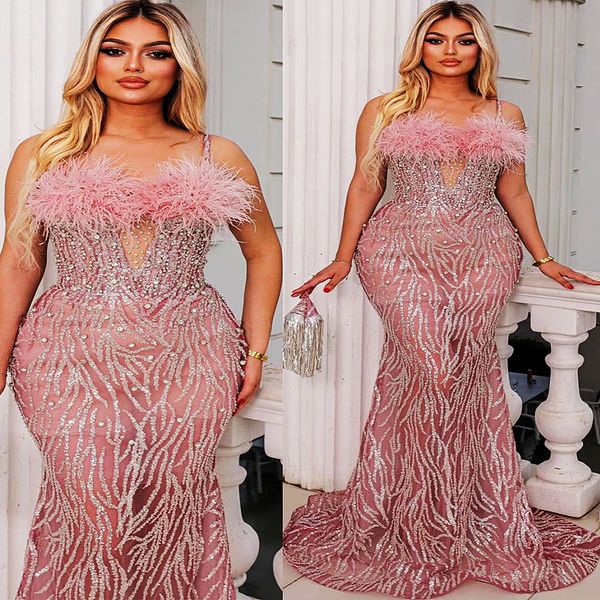 

2023 aso ebi pink mermaid prom dress crystals feather evening formal party second reception birthday engagement gowns dresses robe de soiree, Black