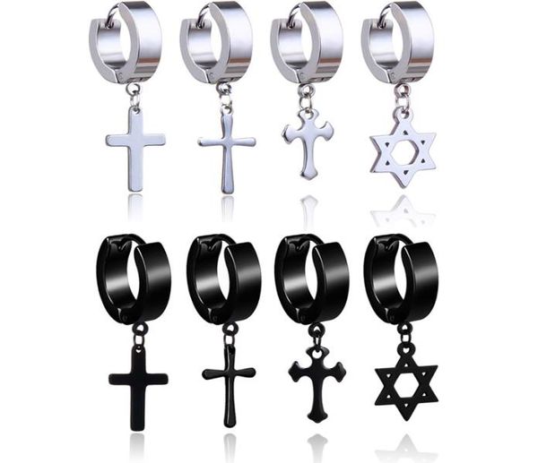 

2019 stainless steel cross star drop earrings for men punk fake piercing hoop dangle earrings women fashion hypoallergenic jewelry7291140, Silver