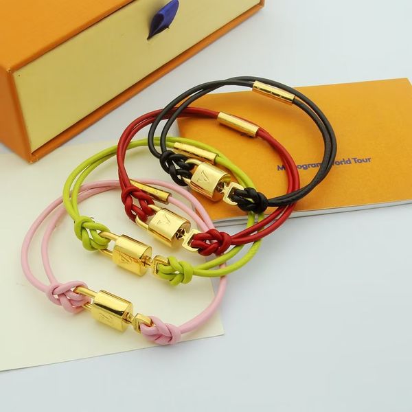 

double layer leather rope bracelet fashion womens designer bracelet v-letter gold lock bracelet luxury jewelry, Golden;silver