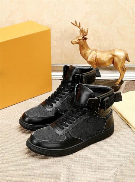 

casual shoes luxury designer rivoli high hi-mens embossed leather shoe classic monograms canvas sneakers with box, Black