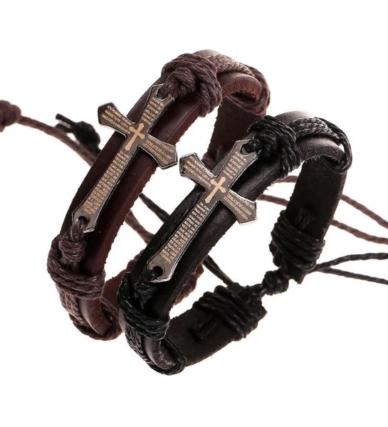 

cross bible charm bracelet for women men braided rope chain jewelry handmade black brown genuine leather adjustable vintage8371355, Golden;silver