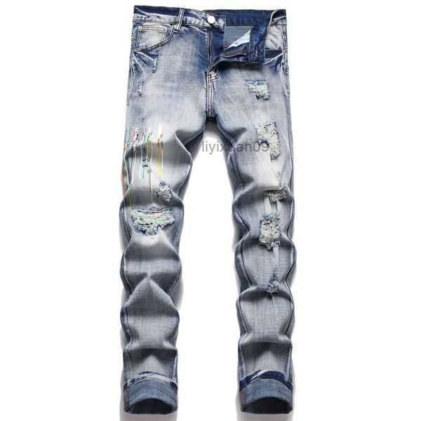 

ami mens jeans designer pant slim fit elastic embroidery fashion jean style cat whisker whitening men's broken hole same 6 z5v3 k2pj, Blue
