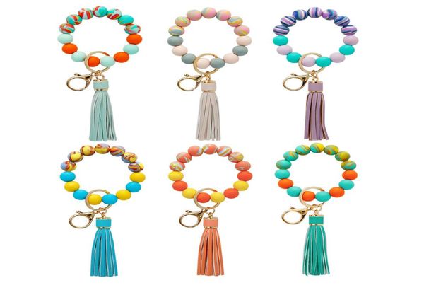 

tassel circle wristlet keychain bangles fashion charm jewelry car keyrings silicone beads bracelet key chain for women girls 3750108, Golden;silver