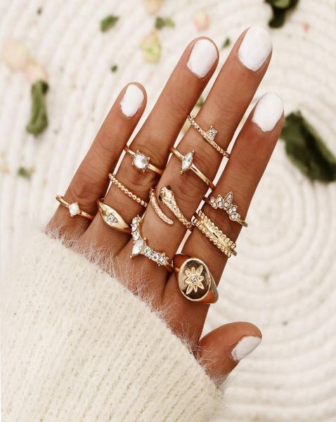 

11pcs per set bohemian serpentine knuckle ring six pointed star with diamond pearl of combination ring set2161906, Golden;silver