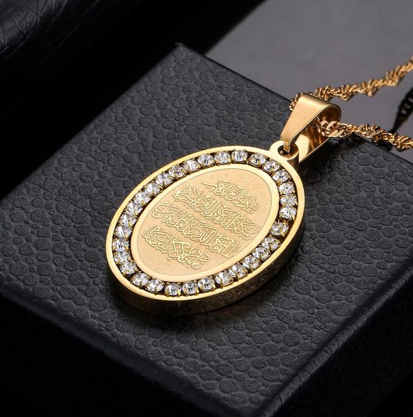 

mens stainless steel gold tone oval rhinestone surrounded pendant necklace islamic arabic god islam muslim jewelry gift5571386, Silver