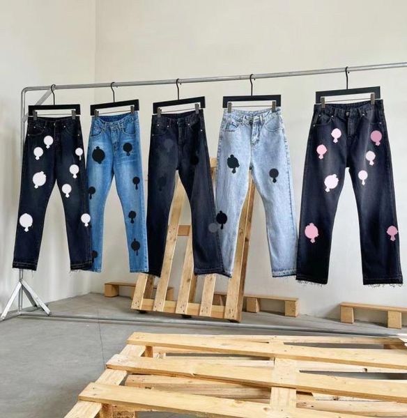 

designer mens jeans washed into old straight jean splashink loose cross printed casual6912046, Blue