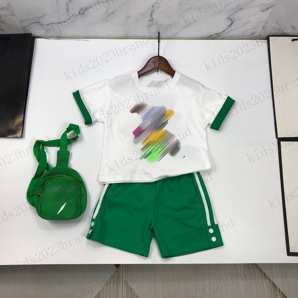 

high end boys sports sets designer kids summer t shirts green shorts with little crossbody bag three pieces sets bear printing t shirts bran, White