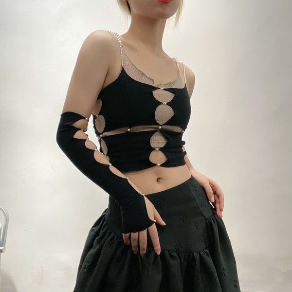 

fashion designer rui women y2k tanks camis sleeveless pearls beaded hollow out camis pearls cuff multi-color, White