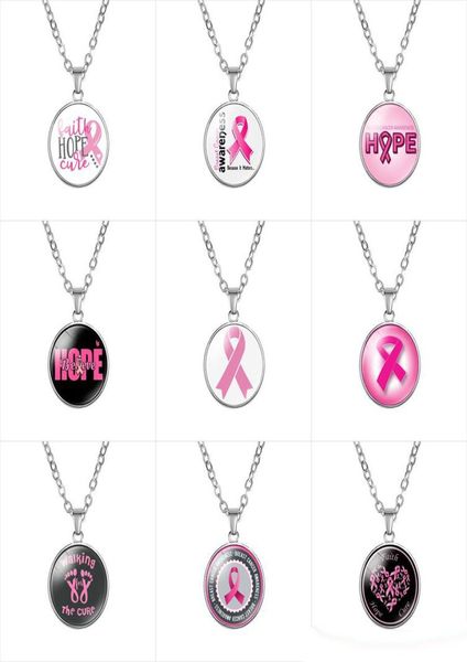 

breast cancer awareness pink ribbon necklaces for women glass faith hope cure believe letter pendant chains fashion jewelry in bul9756474, Silver