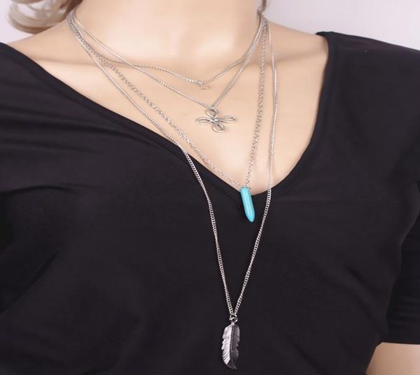 

european and american jewelry vintage turquoise ivory tassel chinese knot star metal feather multilayer necklace2885556, Silver