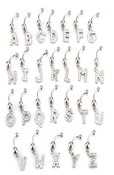 

26 letter a to m style charming body piercing crystal rhinestone inlaid navel belly button ring stainless steel jewelry2187886, Silver