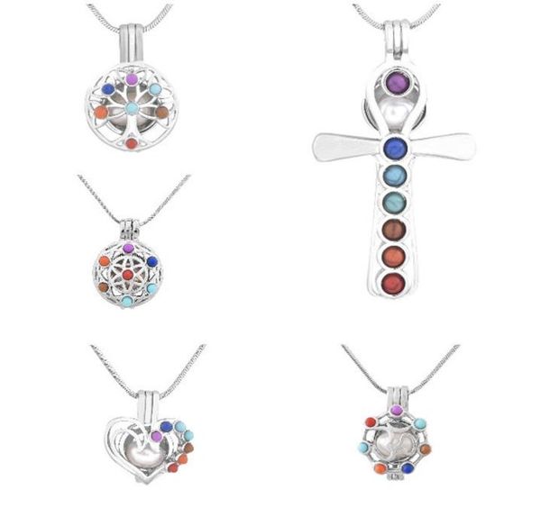 

new 7 chakra yoga pearl cage pendant without chain tree of life heart sanskrit flower cross open cages charm for necklace jewelry 7678321, Silver
