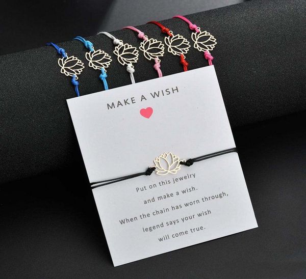 

fashion make a wish bracelets cute lotus flower charm with card red blue black white string rope bangle diy handmade jewelry gift9191798, Golden;silver